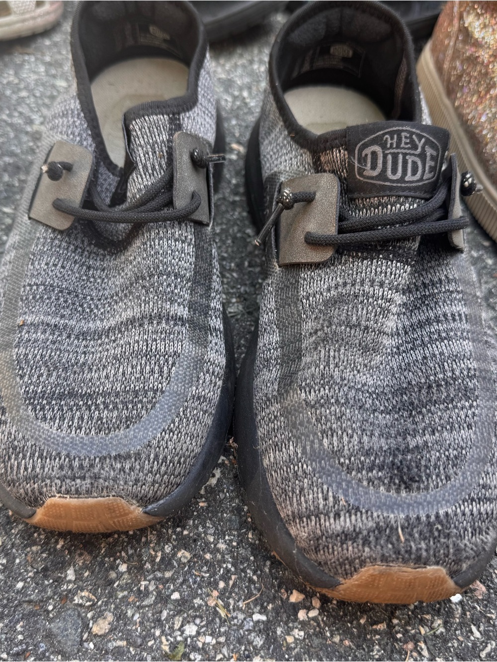 Hey Dude Men’s Black and Gray Knit Slip-On Sneakers